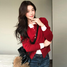 本命新年红色针织开衫毛衣女春秋小个子打底内搭短款显瘦上衣外穿