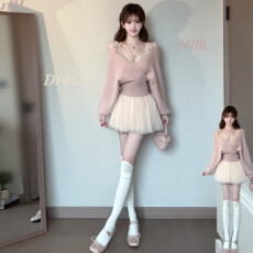 批发韩系一字肩粉色软糯针织衫<b class='q'>毛衣</b>女2026早春新款纯欲风收腰显瘦上衣