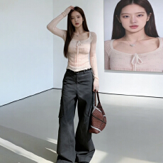 批发韩系甜美温柔风粉色系带镂空针织衫女秋季穿搭修身绝美漂亮小上衣