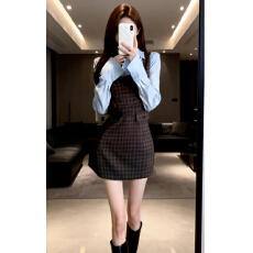 批发高级感韩系学院风衬衫领假两件长袖连衣裙子女早春新款格纹短裙