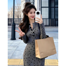 批发法式气质灰色长袖连衣裙子女早春季2026新款小个子设计感收腰长裙