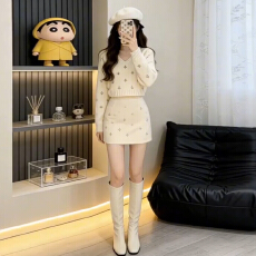 批发巨好看秋冬装一整套裙女通勤气质减龄千金感针织毛衣包臀短裙套装