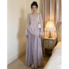 批发韩系穿搭气质紫色连衣裙子女<b class='q'>春</b>2026新款今年流行爆款毛衣半裙套装