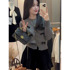 批发蝴蝶结灰色针织开衫早春2026新款独特漂亮巨好看韩系穿搭毛衣外套