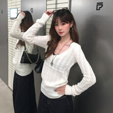 批发辣妹小众修身显瘦<b class='q'>长袖</b>针织V领<b class='q'>打底衫</b>T恤女春季独特绝美白色小上衣