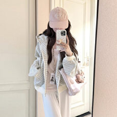 批发2026新款早春韩系穿搭美式复古慵懒风条纹连帽卫衣外套上衣女春秋