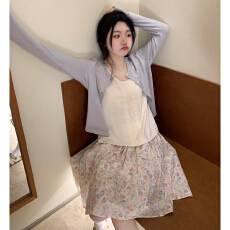 2026新款早春季穿搭一整套紫色碎花半身连衣裙子女装短裙三件套装