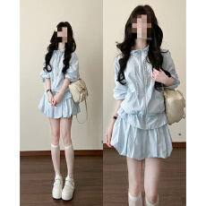 批发早春季蓝色甜美法式连衣裙子女夏2026新款小个子花苞短裙一整套装