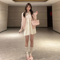 批发2026新款日系甜美白色娃娃领短袖<b class='q'>连衣裙</b>子女春季粉色开衫短裙套装
