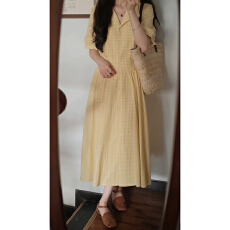 批发法式黄色格纹衬衫连衣裙子女夏季2026新款绝美漂亮巨好看收腰长裙