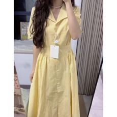 批发法式黄色格纹衬衫连衣裙子女夏季2026新款绝美漂亮巨好看收腰长裙