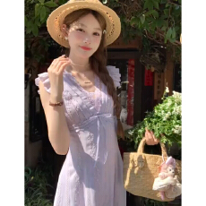 批发紫色<b class='q'>荷叶边</b>法式气质连衣裙子女夏季2026新款收腰巨好看气质长裙