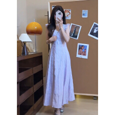 批发紫色<b class='q'>荷叶边</b>法式气质连衣裙子女夏季2026新款收腰巨好看气质长裙