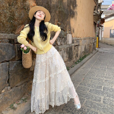 批发2026春季新款甜美针织长袖开衫上衣<b class='q'>蕾丝</b>半身裙长裙套装<b class='q'>两件套</b>女