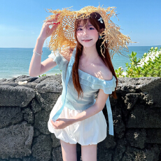 批发法式甜美风蓝色一字肩短袖T恤女夏2026新款<b class='q'>荷叶边</b>设计感露肩上衣