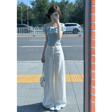 批发法式甜美风蓝色一字肩短袖T恤女夏2026新款<b class='q'>荷叶边</b>设计感露肩上衣