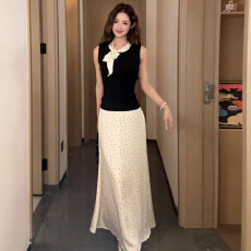 批发法式无袖背心连衣裙子女夏季2026新款气质穿搭高级感波点<b class='q'>长裙</b>套装