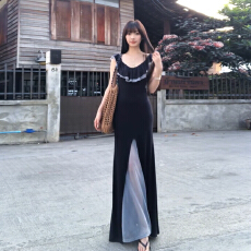 批发春夏新款黑色高级感纯欲风<b class='q'>荷叶边</b>连衣裙女长裙开叉气质显瘦女神范