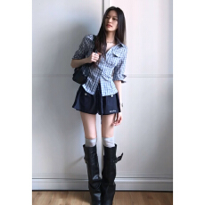 批发早春韩系复古长袖格纹衬衫女夏季格子衬衣掐腰修身显瘦翻领上衣