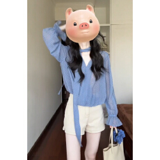 批发设计感蓝色波点v领<b class='q'>雪纺</b>薄款衬衫女夏季2026新款巨好看超火一整套