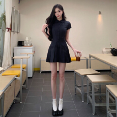 韩系学院风polo领短袖连衣裙子2026新款春夏小个子收腰显瘦衬衫裙