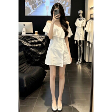 批发法式小个子白色<b class='q'>荷叶边</b>V领连衣裙女夏2026新款高级感收腰气质短裙