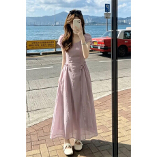 批发法式巨好看<b class='q'>紫色</b>短袖<b class='q'>连衣裙</b>子女夏季2026新款海边度假漂亮气质长裙