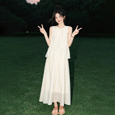 批发2026新款法式清纯白月光无袖连衣裙子女初夏季小个子杏色长裙<b class='q'>套装</b>