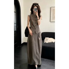 老钱风修身马甲套装女夏季新款淡人通勤立领排扣背心半身裙两件套