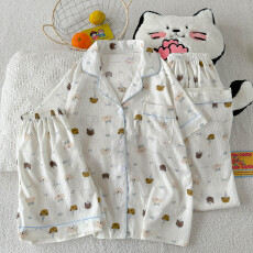 批发夏季新款睡衣女短袖云朵棉三件套翻领长裤短裤甜美可爱卡通家居<b class='q'>服</b>