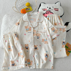 批发夏季新款睡衣女短袖云朵棉三件套翻领长裤短裤甜美可爱卡通家居<b class='q'>服</b>