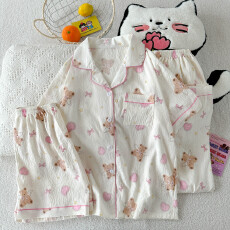 批发夏季新款睡衣女短袖云朵棉三件套翻领长裤短裤甜美可爱卡通家居<b class='q'>服</b>