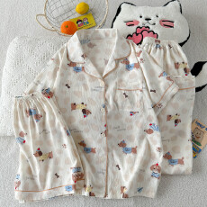 批发夏季新款睡衣女短袖云朵棉三件套翻领长裤短裤甜美可爱卡通家居<b class='q'>服</b>