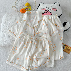 批发夏季新款睡衣女短袖云朵棉三件套翻领长裤短裤甜美可爱卡通家居<b class='q'>服</b>