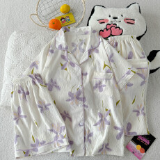 批发夏季新款睡衣女短袖云朵棉三件套翻领长裤短裤甜美可爱卡通家居<b class='q'>服</b>