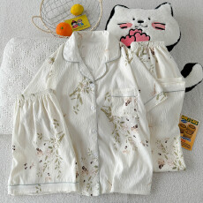 批发夏季新款睡衣女短袖云朵棉三件套翻领长裤短裤甜美可爱卡通家居<b class='q'>服</b>