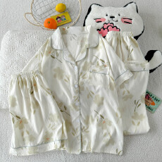 批发夏季新款睡衣女短袖云朵棉三件套翻领长裤短裤甜美可爱卡通家居<b class='q'>服</b>