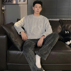 批发冬季新款睡衣男法兰绒休闲圆领高级感ins风纯色珊瑚绒家居服套装