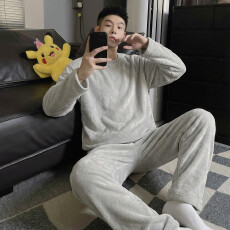 批发冬季新款睡衣男法兰绒休闲圆领高级感ins风纯色珊瑚绒家居服套装