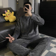 批发冬季新款睡衣男法兰绒休闲圆领高级感ins风纯色珊瑚绒家居服套装