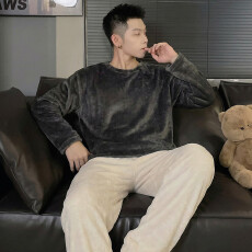 批发冬季新款睡衣男法兰绒休闲圆领高级感ins风纯色珊瑚绒家居服套装