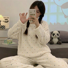 批发冬季法兰绒睡衣女保暖情侣家居服珊瑚绒<b class='q'>套装</b>波点舒适简约<b class='q'>休闲</b>爆款
