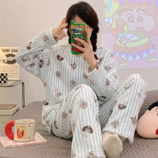 批发冬季新款法兰绒睡衣女保暖情侣家居服珊瑚绒<b class='q'>套装</b>卡通舒适可爱<b class='q'>休闲</b>