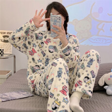 批发冬季新款法兰绒睡衣女保暖情侣家居服珊瑚绒<b class='q'>套装</b>卡通舒适外穿<b class='q'>休闲</b>