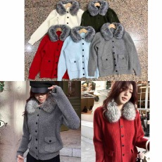 批发冬季上衣女可拆卸毛领纯色针织毛衣开衫