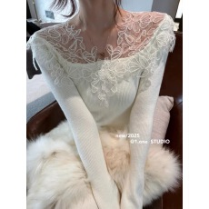 批发2025新款蕾丝拼接打底衫长袖修身显瘦上衣女