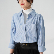 批发JACOOBS娅可家蓝色条纹<b class='q'>衬衫</b>女秋冬设计感小众<b class='q'>OL</b>职业通勤叠穿<b class='q'>衬衣</b>
