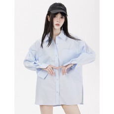 批发蓝色宽松长袖衬衫女2025<b class='q'>春</b>秋新款设计感百搭衬衣小众韩版显瘦上衣