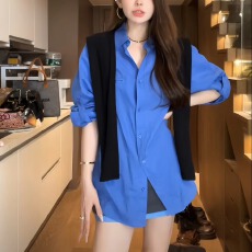 批发蓝色衬衫慵懒松弛感上衣女2025早秋新款宽松高级感秋季穿搭一整套