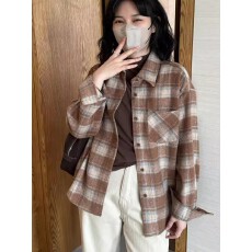批发韩版复古秋冬款长袖毛呢<b class='q'>衬衫女</b>宽松洋气休闲风<b class='q'>格子</b>磨毛高级感上衣
